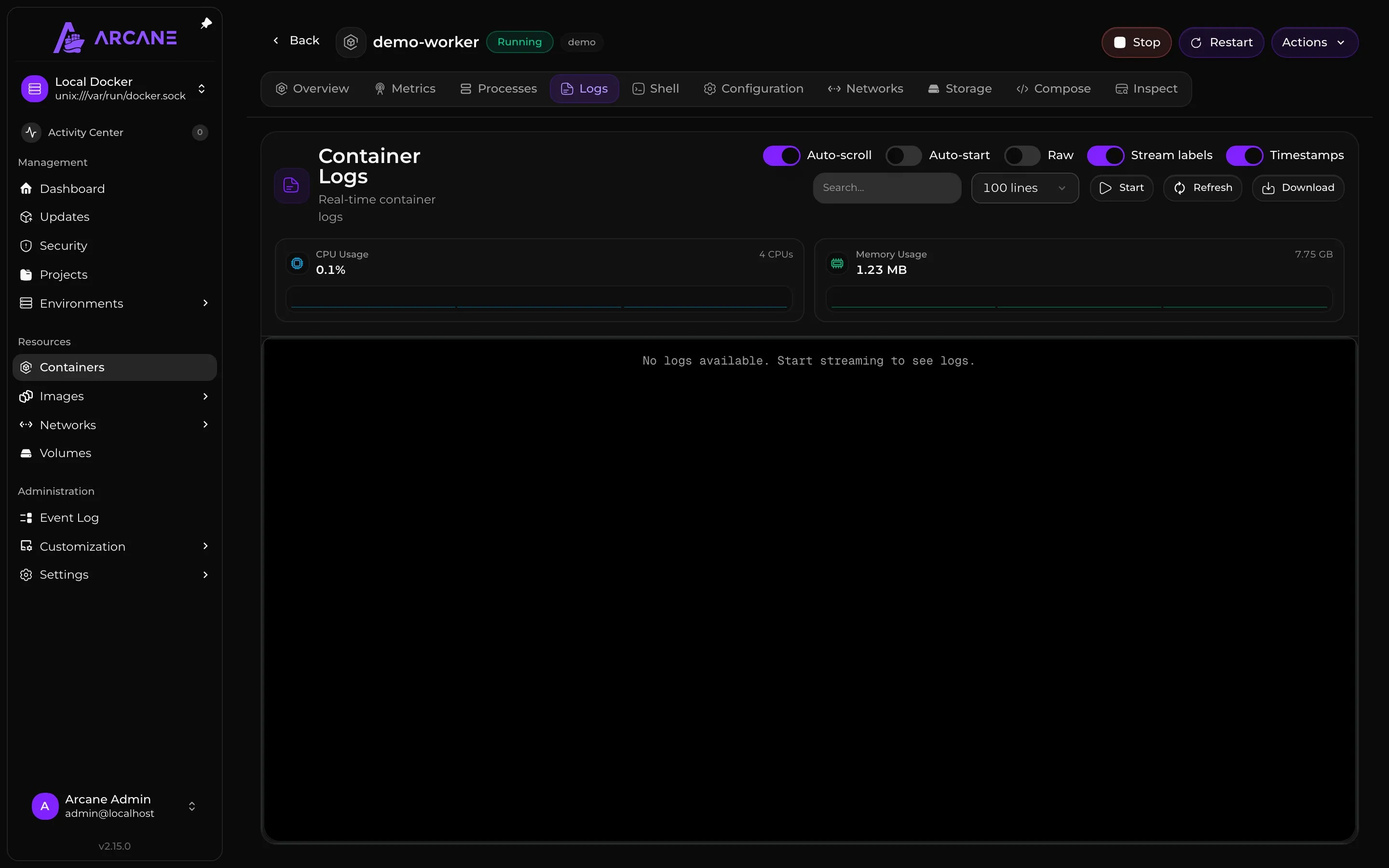 Live logs from a running worker container.