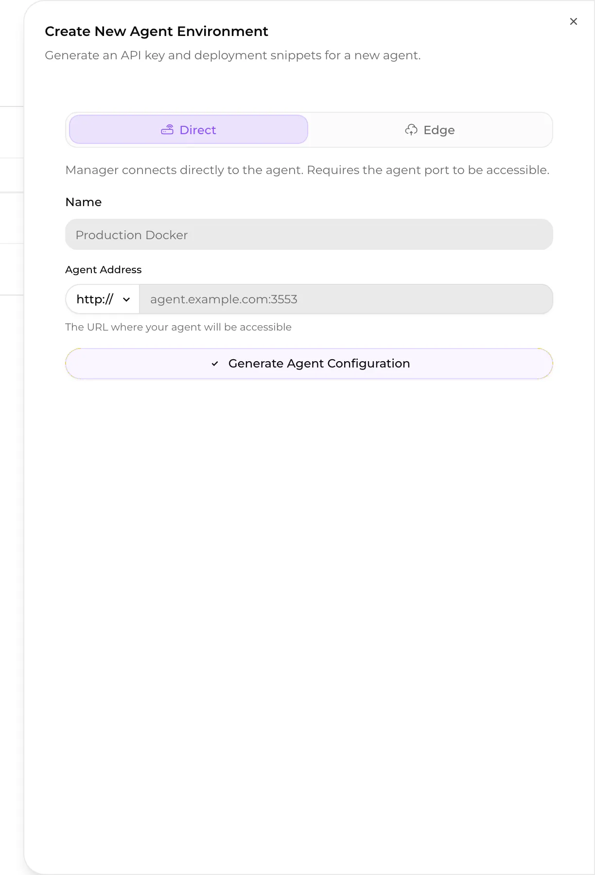 The remote environment setup dialog with Direct and Edge connection options.