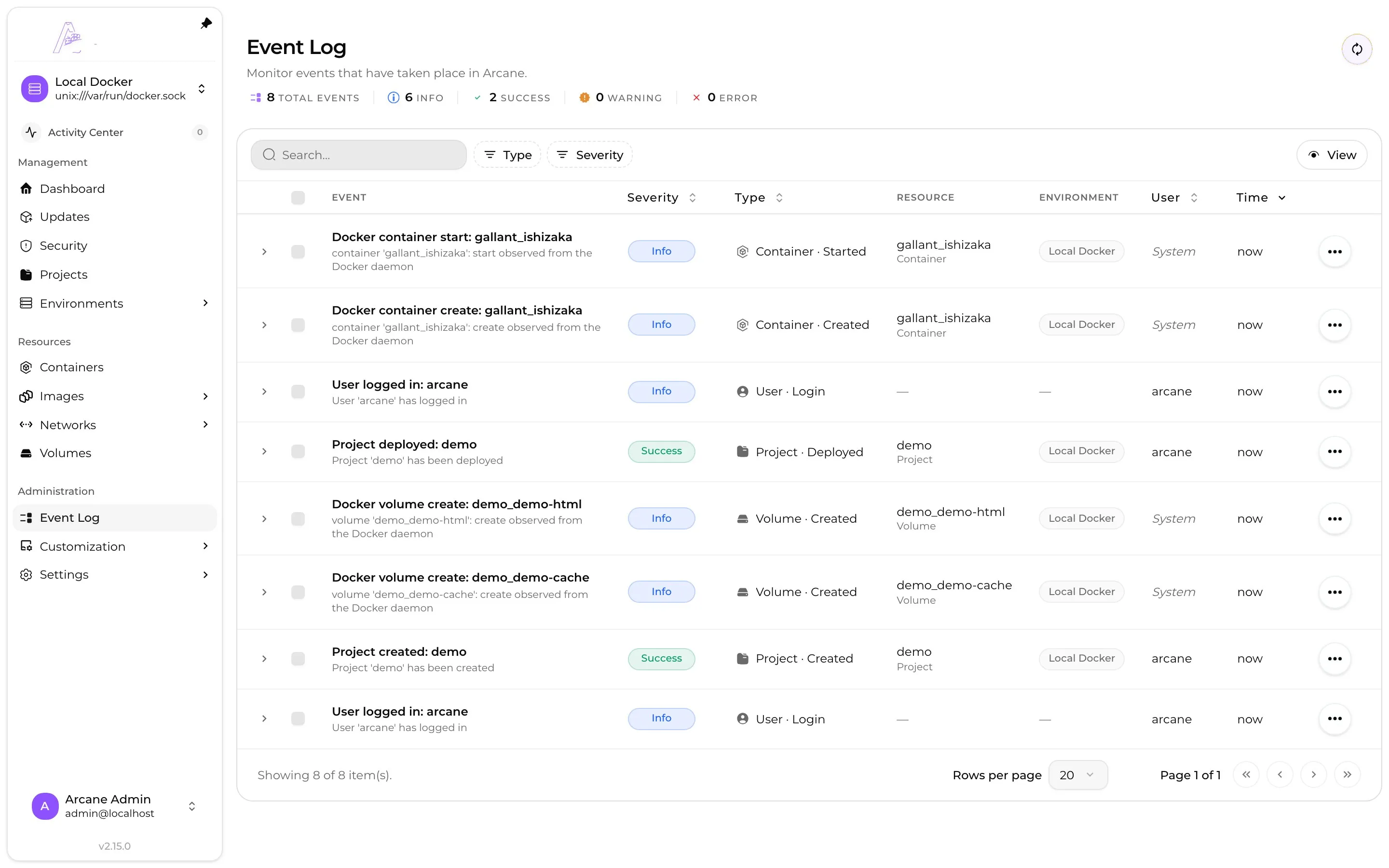 Arcane Event Log showing recorded actions and their timestamps.