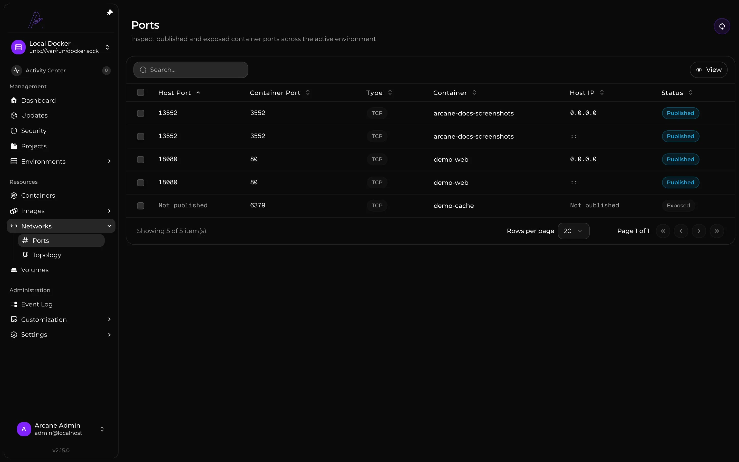 Published and exposed container ports in Arcane.