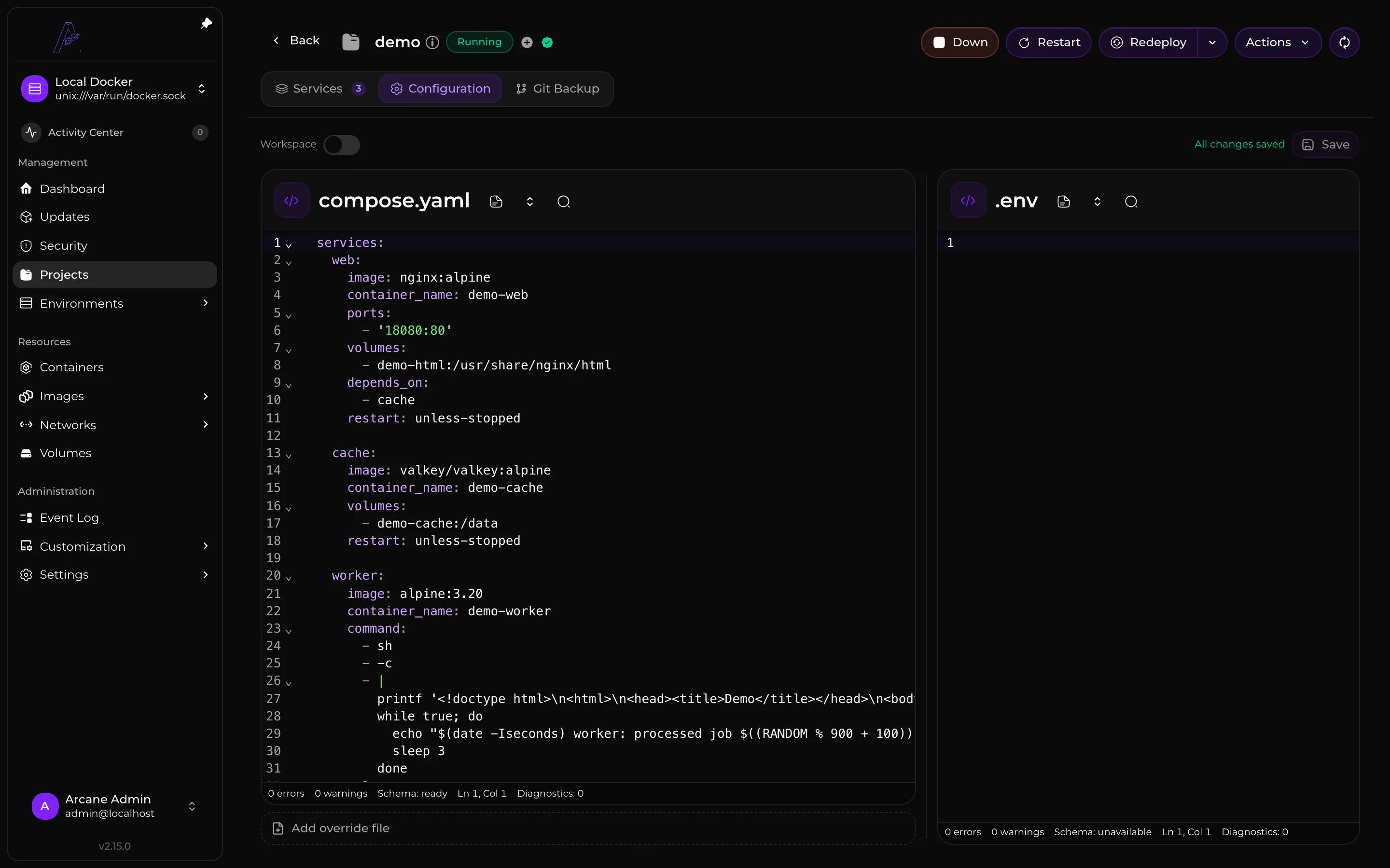 The Compose editor for a running project with web, cache, and worker services.