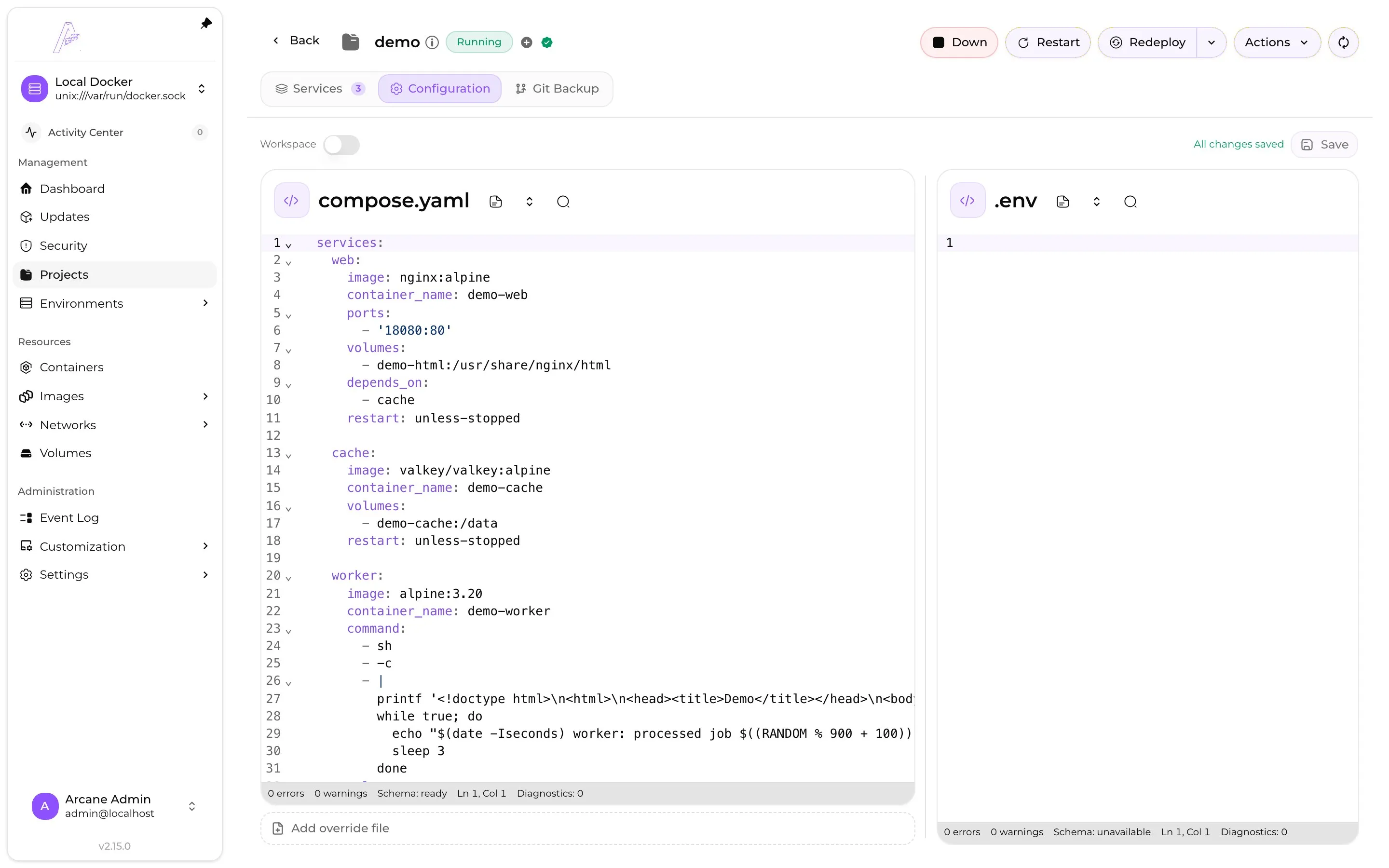 The Compose editor for a running project with web, cache, and worker services.