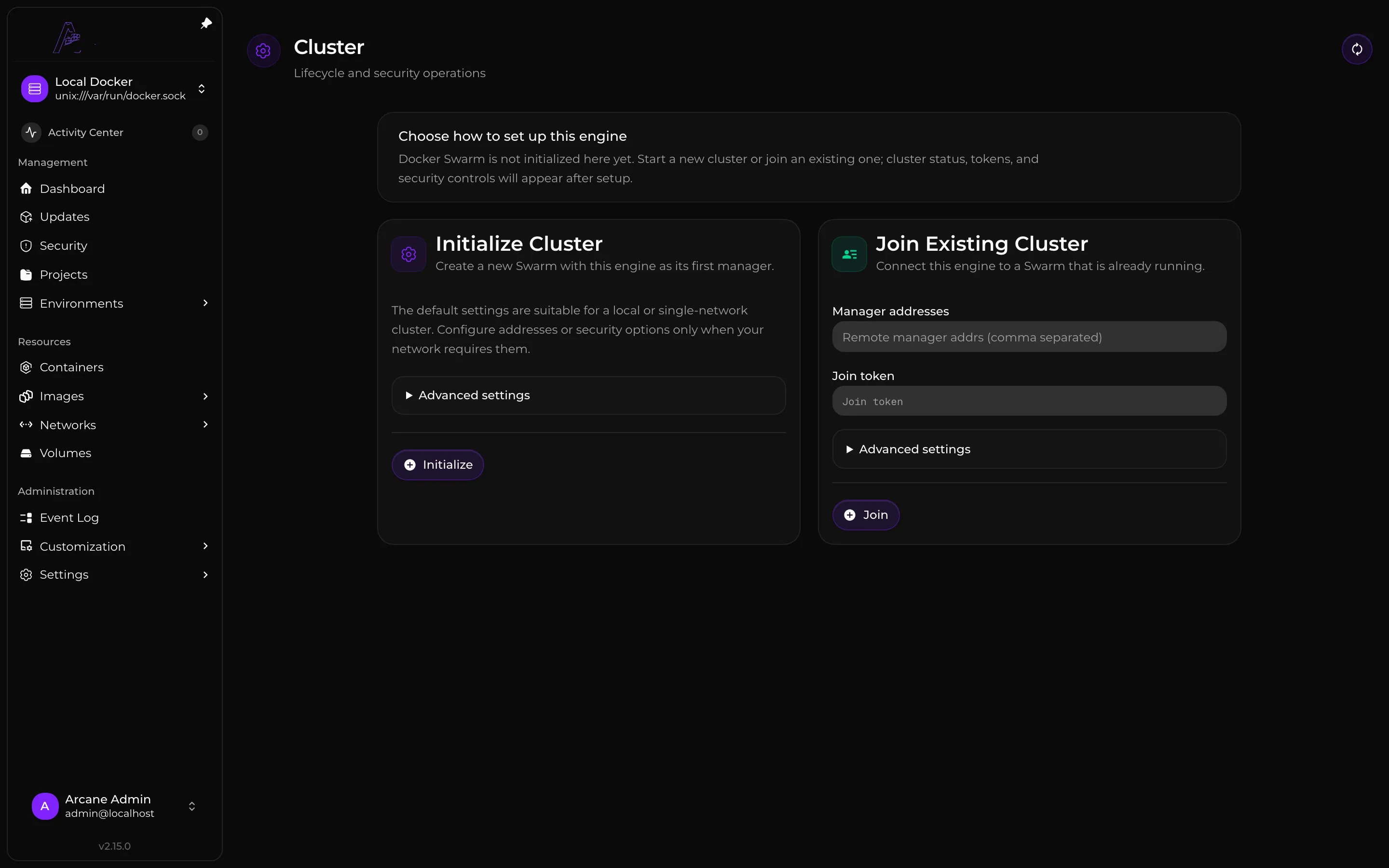 The Swarm setup page before a cluster has been initialized.