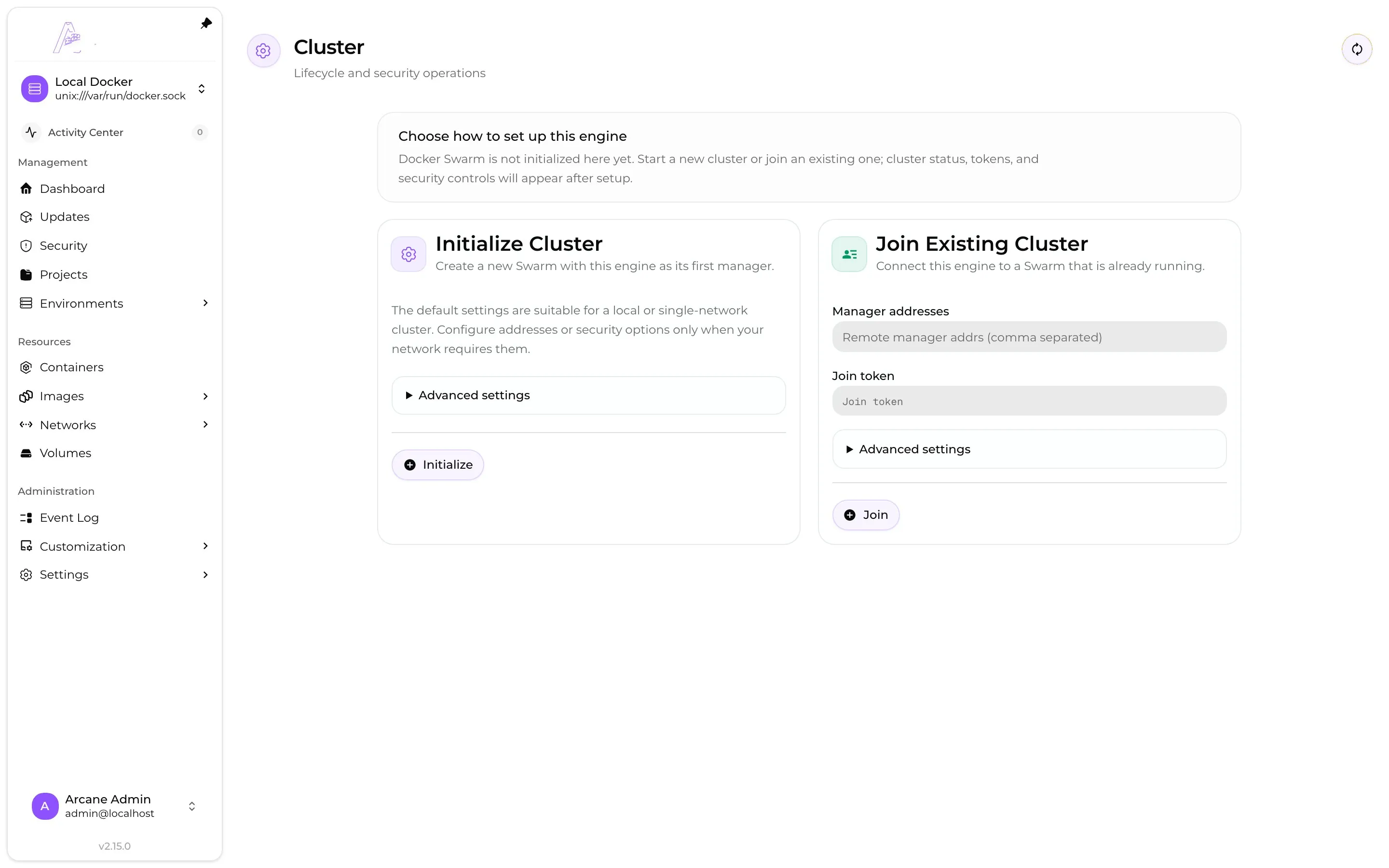 The Swarm setup page before a cluster has been initialized.