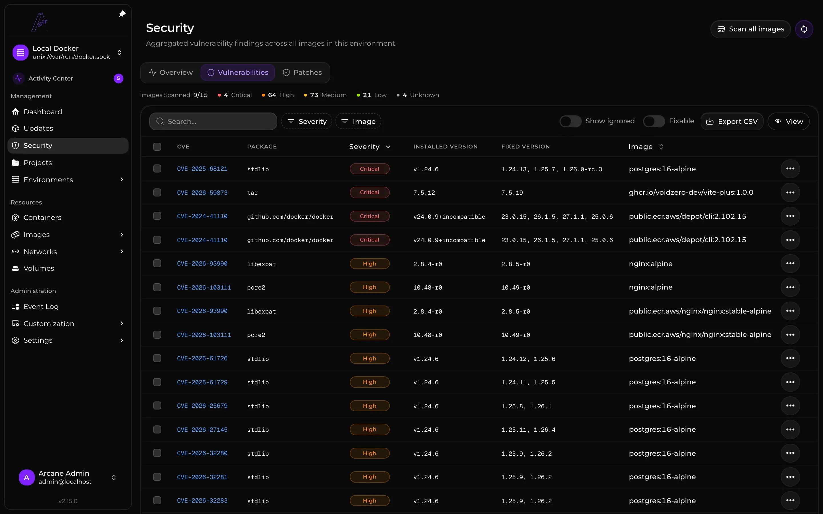 Vulnerability findings with severity, affected packages, and fixed versions.