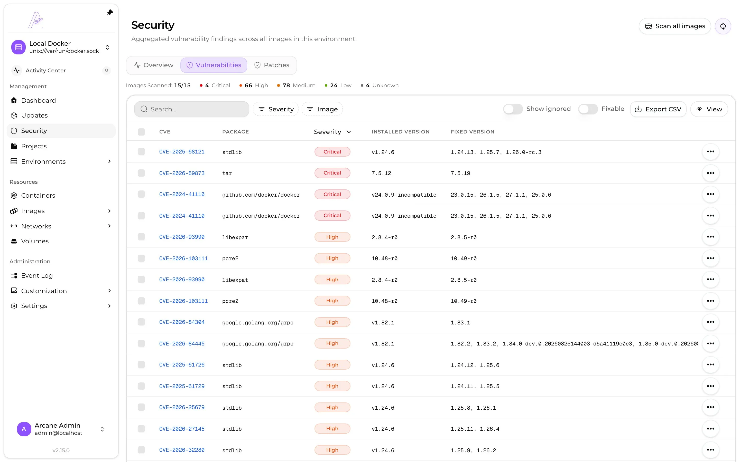 Vulnerability findings with severity, affected packages, and fixed versions.